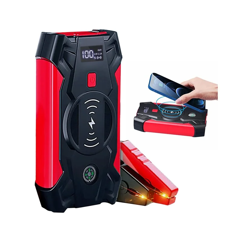 J13 Portable Car Jump Starter 12V Car Emergency Starter Cell Phone Power Bank with Wireless Charging (EU Plug) - Red / Storage Box