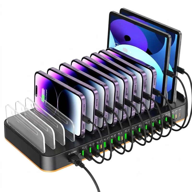 WLX-820A 29-Port Charging Station with Dividers 27W Fast Charging 15 USB-C + 14 USB-A Ports for Smartphone Tablet Laptop - US Plug