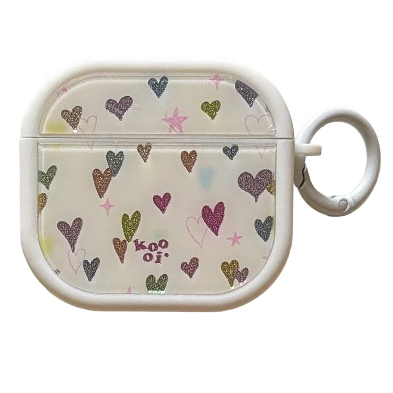 Colorful Heart Case for AirPods 3 Glitter TPU Earbuds Protective Cover with Carabiner Clip - White