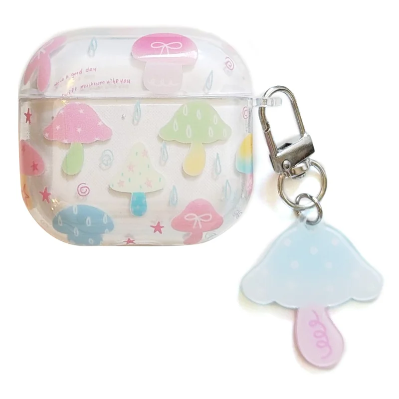 Case for Apple AirPods 3 IMD+TPU Colorful Mushroom Protective Cover with Keychain Charm & Buckle Clip