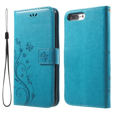 Imprinted Butterfly Leather Wallet Cover with Wrist Strap for iPhone 8 Plus / 7 Plus 5.5 inch - Blue Imprinted Butterfly Leather Wallet Cover with Wrist Strap for iPhone 8 Plus / 7 Plus 5.5 inch - Blue