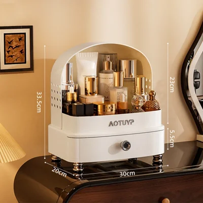 AOTUYP Make-up-Organizer-Box, großer Kosmetik-Aufbewahrungsbehälter für den Schreibtisch mit Schublade für Hautpflege und Lippenstift – Weiß
