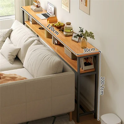 Schmaler Couchtisch 120x30 cm, 2-Ebenen-Ablage für hinter das Sofa, Aufbewahrungsregal für Wohnzimmer und Schlafzimmer – Birkenholz + schwarzer Rahmen-TVCMall.com