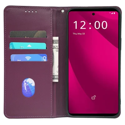 For T-Mobile REVVL 7 Pro / T Phone 2 Pro Case Leather Phone Cover Four-Leaf  Clover Imprinted - Dark Purple