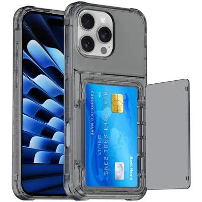 For iPhone 16 Pro Max Clear Case PC+TPU Phone Cover Card Holder Kickstand -  Transparent Black