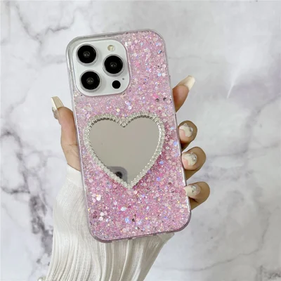 For iPhone 14 Pro Max Case with Makeup Mirror TPU Phone Cover Epoxy Aesthetic - Pink Wholesale & Custom - TVCMALL For iPhone 14 Pro Max Case with Makeup Mirror TPU Phone Cover Epoxy Aesthetic - Pink Wholesale & Custom - TVCMALL