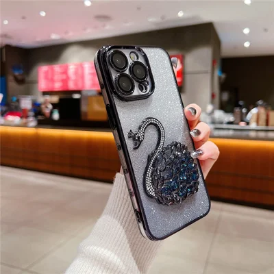 For iPhone 16 Pro Max Case Swan Design Quicksand TPU Phone Cover with Glass Lens Film - Black For iPhone 16 Pro Max Case Swan Design Quicksand TPU Phone Cover with Glass Lens Film - Black