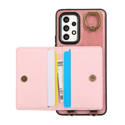 For Samsung Galaxy A53 5G PU Leather Back Case Card Holder Kickstand Phone  Cover with Wrist Strap - Pink