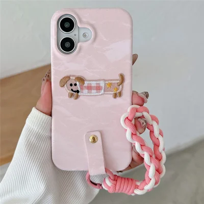 For iPhone 16 Plus Case Cute Pattern Soft PU+PC Phone Back Cover with Braided Handy Strap - Pink Dog For iPhone 16 Plus Case Cute Pattern Soft PU+PC Phone Back Cover with Braided Handy Strap - Pink Dog