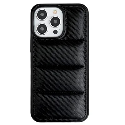 For iPhone 15 Pro Case Carbon Fiber Puffer Jacket Leather+TPU Shockproof Phone Cover - Black For iPhone 15 Pro Case Carbon Fiber Puffer Jacket Leather+TPU Shockproof Phone Cover - Black