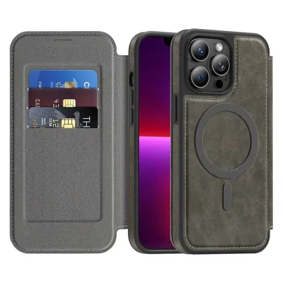 For iPhone 13 Pro Max Case Compatible with MagSafe RFID Blocking Card Holder Leather Phone Cover - Titanium Grey For iPhone 13 Pro Max Case Compatible with MagSafe RFID Blocking Card Holder Leather Phone Cover - Titanium Grey