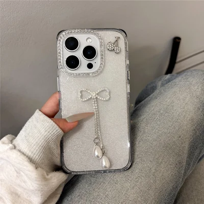 For iPhone 16 Pro Case Rhinestone Decor Glitter TPU Phone Cover with Bow Tassel - Black For iPhone 16 Pro Case Rhinestone Decor Glitter TPU Phone Cover with Bow Tassel - Black