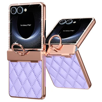For Samsung Galaxy Z Flip7 5G Case Rhinestone Decoration Ring Holder Rhombus Leather + PC Phone Cover - Purple For Samsung Galaxy Z Flip7 5G Case Rhinestone Decoration Ring Holder Rhombus Leather + PC Phone Cover - Purple