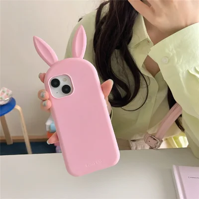 For iPhone 15 Silicone Case Cute Rabbit Ear Design Shockproof Phone Back Cover - Light Pink For iPhone 15 Silicone Case Cute Rabbit Ear Design Shockproof Phone Back Cover - Light Pink