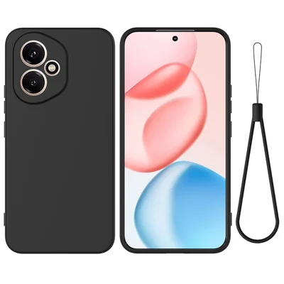For Honor 400 5G (Global) Liquid Silicone Case Phone Back Cover with Hand  Strap - Black