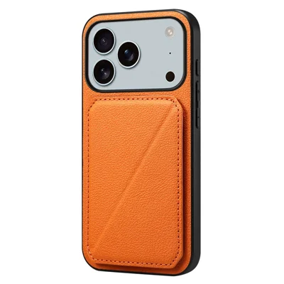 For iPhone 17 Pro Max Case Card Holder Kickstand Calf Textured Leather + PC  + TPU Phone Cover - Orange
