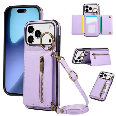 For iPhone 17 Pro Max Leather Back Cover Zipper Wallet Kickstand Phone Case with Shoulder Strap - Purple For iPhone 17 Pro Max Leather Back Cover Zipper Wallet Kickstand Phone Case with Shoulder Strap - Purple