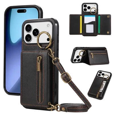 For iPhone 17 Pro Max Leather Back Cover Zipper Wallet Kickstand Phone Case  with Shoulder Strap - Black