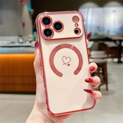 For iPhone 17 Pro Max Case Compatible with MagSafe Electroplated TPU Phone Cover Hollow Love Hearts - Rose Pink For iPhone 17 Pro Max Case Compatible with MagSafe Electroplated TPU Phone Cover Hollow Love Hearts - Rose Pink