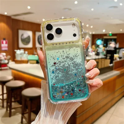 For iPhone 17 Pro Max Case Gradient Quicksand Liquid Flowing Sparkle TPU +  PC Back Cover - Gold / Baby Blue