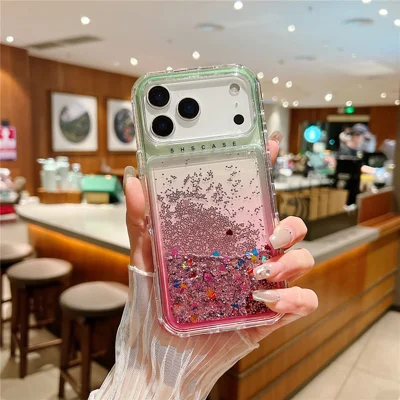 For iPhone 17 Pro Max Case Gradient Quicksand Liquid Flowing Sparkle TPU + PC Back Cover - Green / Pink For iPhone 17 Pro Max Case Gradient Quicksand Liquid Flowing Sparkle TPU + PC Back Cover - Green / Pink