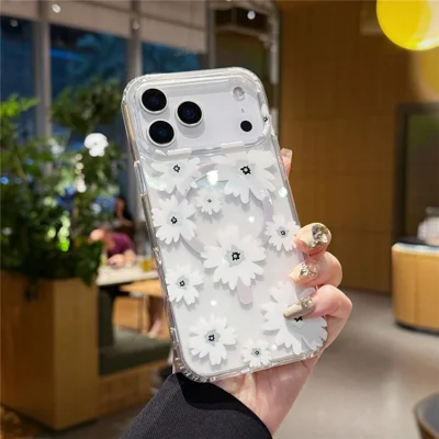 For iPhone 17 Pro Max Magnetic Case IMD Flower Pattern TPU + PC Clear Back Phone  Cover - Style C