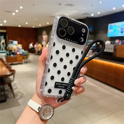 For iPhone 17 Pro Max Case Polka Dot Pattern PC + TPU Phone Cover with Lens  Film / Strap - Black