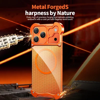 For iPhone 17 Pro Max Frameless Case Compatible with MagSafe Gilded Armor Pattern Aluminum Alloy PC Back Phone Cover - Orange Wholesale & Custom - TVCMALL For iPhone 17 Pro Max Frameless Case Compatible with MagSafe Gilded Armor Pattern Aluminum Alloy PC Back Phone Cover - Orange Wholesale & Custom - TVCMALL