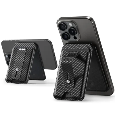 ESR 2K609 Magnetic Card Holder Wallet Stand Grip Finger Loop Compatible with Apple Find My - Black Carbon Fiber ESR 2K609 Magnetic Card Holder Wallet Stand Grip Finger Loop Compatible with Apple Find My - Black Carbon Fiber