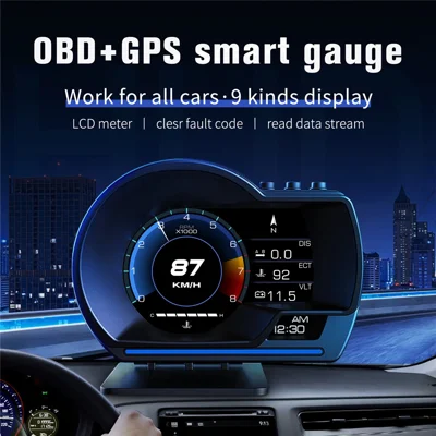 HUD P9 Smart GPS per auto con display OBD2 due modalità di visualizzazione allarme di velocità eccessiva compatibile con OBD II EOBD System Model Cars (nero