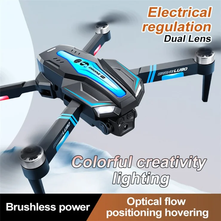 LU90 HD Aerial Photography Optical Flow RC Drone Colorful Light Brushless Motor Quadcopter, 2 Batteries - Black+Blue