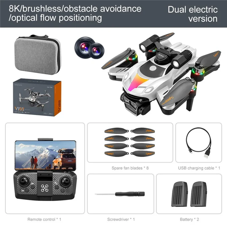 V188 Obstacle Avoidance Brushless Quadcopter HD Camera Searchlight RC Drone, 2 Batteries - White