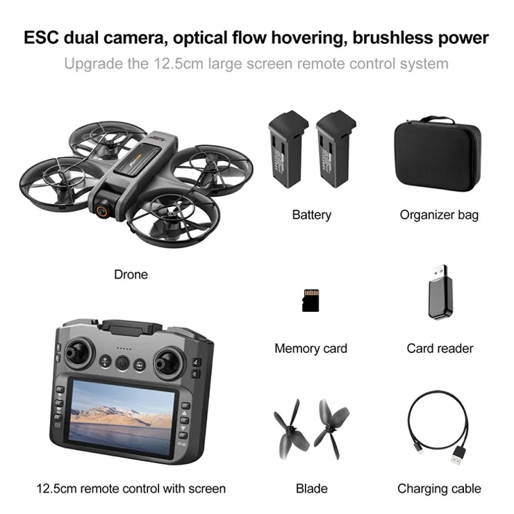 S156 Brushless RC Drone HD Camera Optical Flow Positioning RC Aircraft with Screen Controller, 2 Batteries - Dark Grey