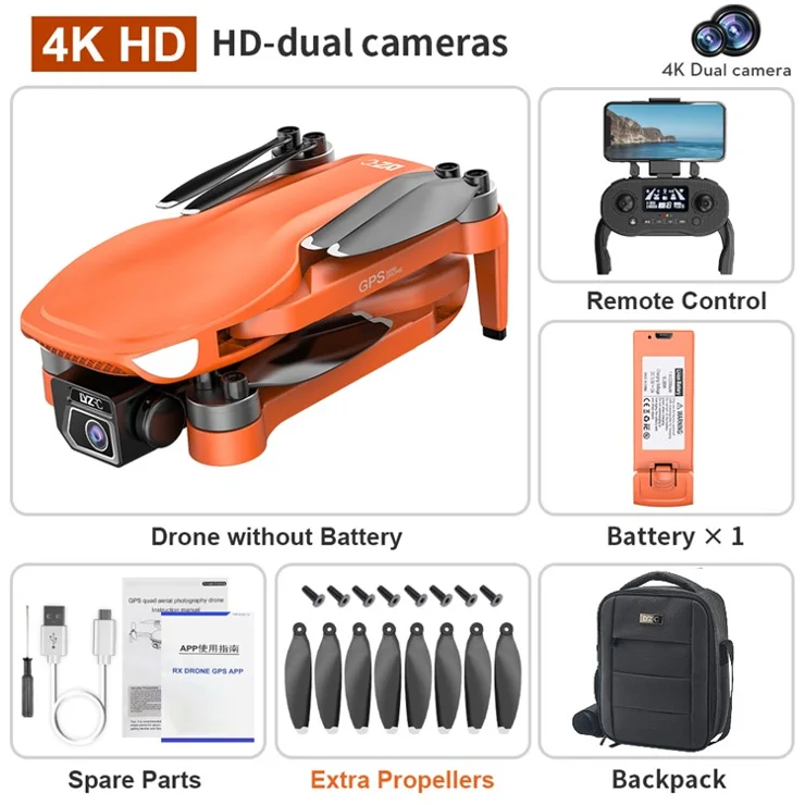 L500 Pro Brushless 4K HD Aerial Photo Quadcopter 5G Long Endurance RC Aircraft GPS Folding Drone with Storage Bag, Single Battery - Orange