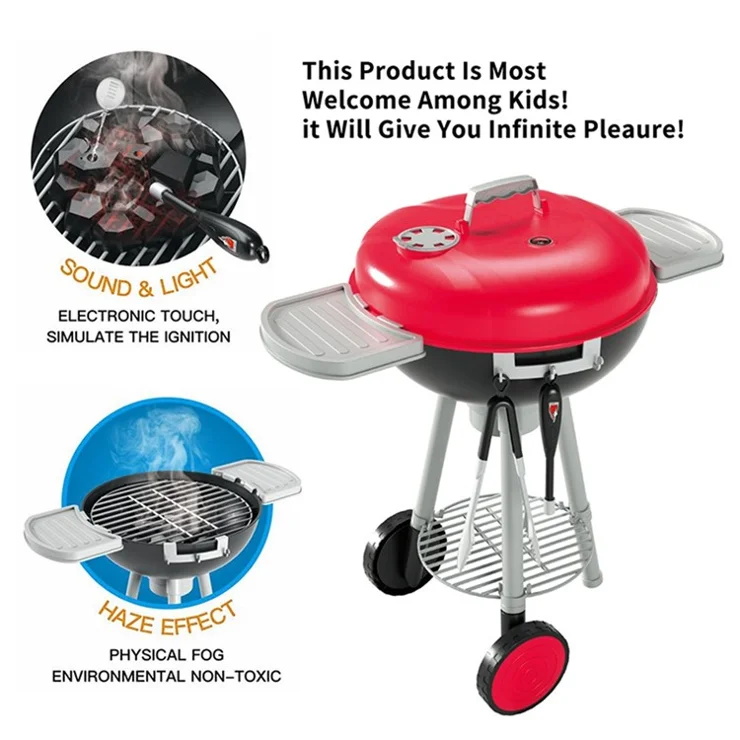 W089A Kids Pretend Play Outdoor BBQ Grill Playset with Smoke and Light Charcoal Fire Cooking Toy (CPC / ASTM / CPSIA / EN71 Certified)