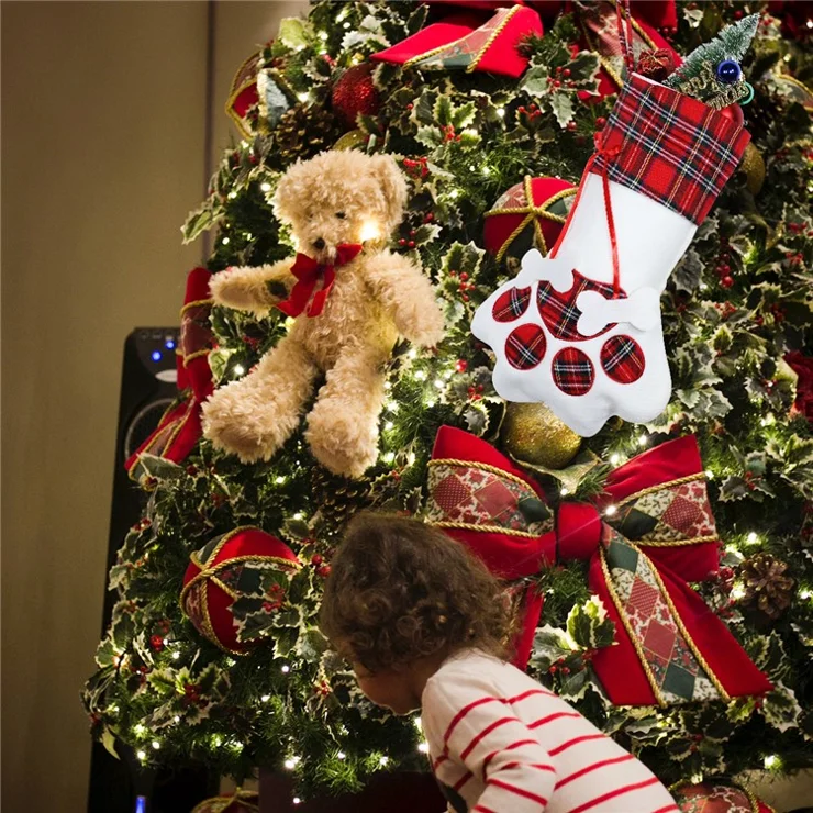 Christmas Stockings Dogs Cat Paw Plaid Xmas Socks New Year Gift Bag - Red Ribbon / Pork Bone