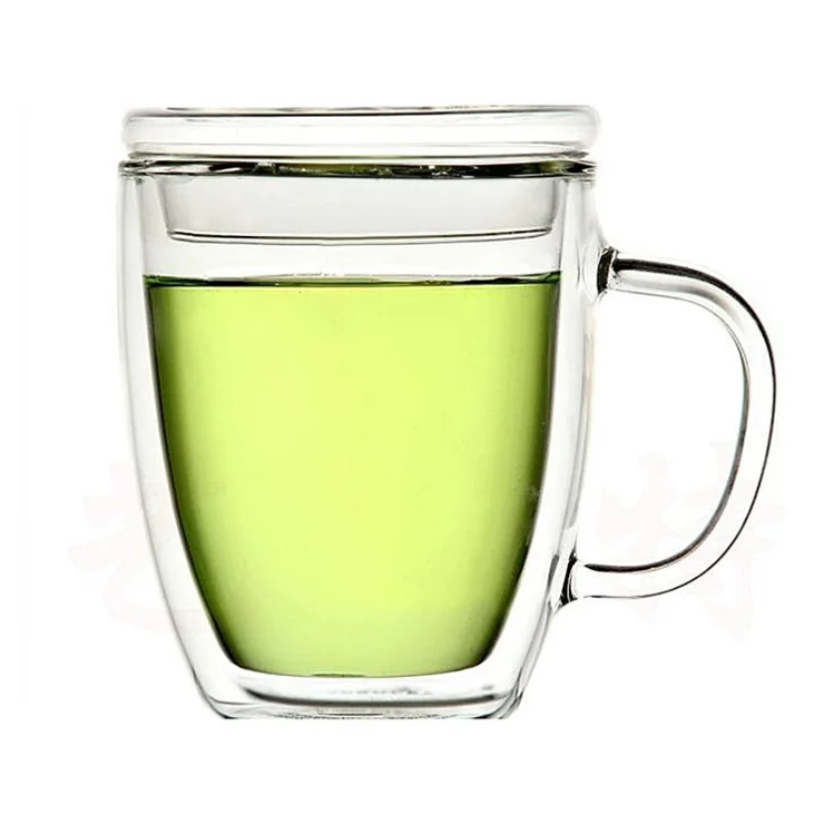 Fashionable 475ML Double Wall Tea Glass Mug with Glass Lid on sale at