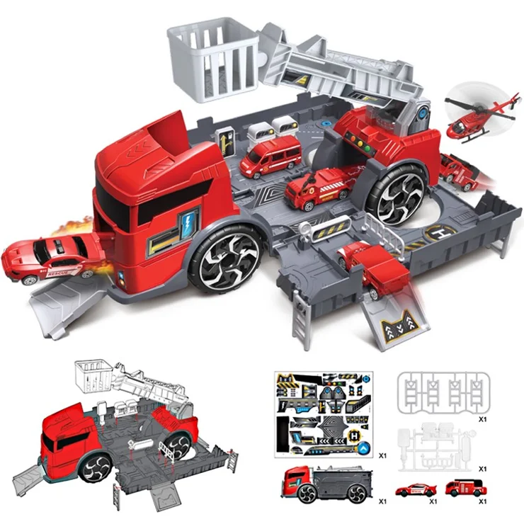 Kids Puzzle Toy Deformation Fire Engineering Vehicle Storage Parking Lot Car Model Set - Red
