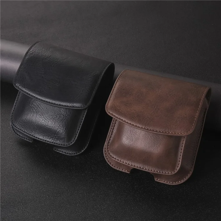 Dual Compartment PU Leather Waist Bag for Wireless Earbuds Folding Phones Carrying Pouch - Black