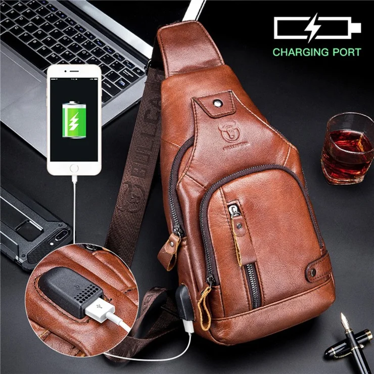 BULLCAPTAIN 129 Top-Layer Cowhide Leather Outdoor Chest Bag Crossbody Sling Bag Casual Daypack - Black