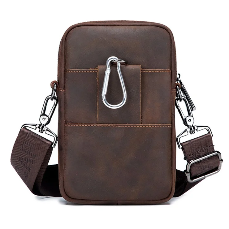 BULLCAPTAIN Crazy Horse Texture Genuine Cowhide Leather Belt Bag for Under 7" Smartphone Waist Pouch with Shoulder Strap - Coffee