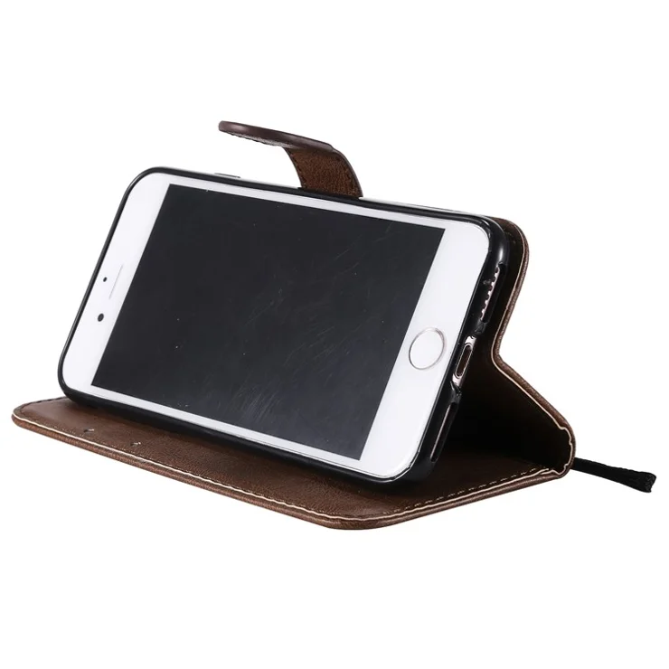 For iPhone 7 / 8 / SE (2022) / SE (2020) Case Solid Color Leather Mobile Cover Wallet Stand with Strap - Brown