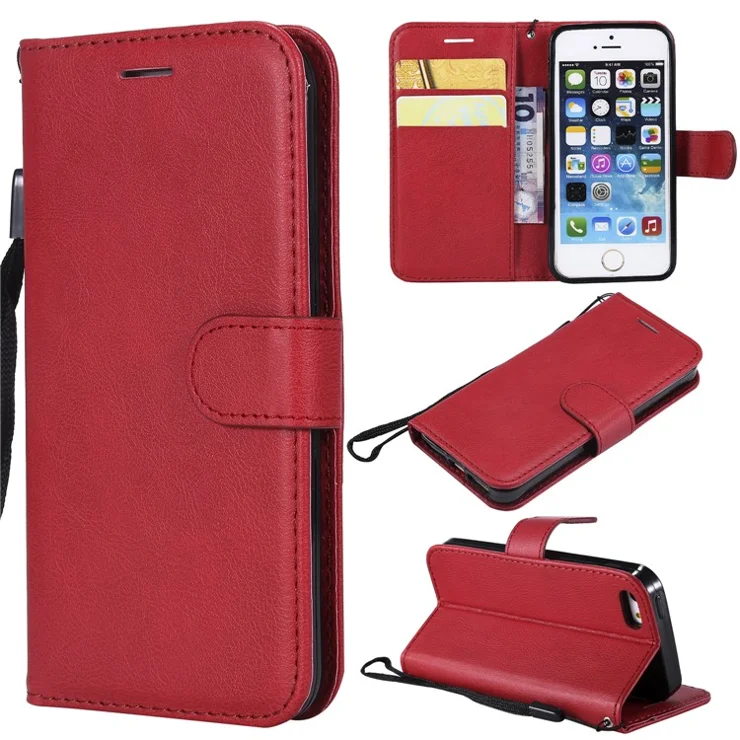 For iPhone SE / 5s / 5 Case Solid Color Leather Mobile Cover Wallet Stand with Strap - Red