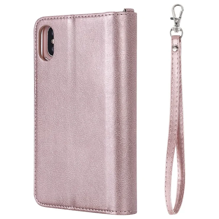 For iPhone XS / X Magnetic Leather Case Mobile Cover with Detachable Zipper Wallet Strap - Rose Gold