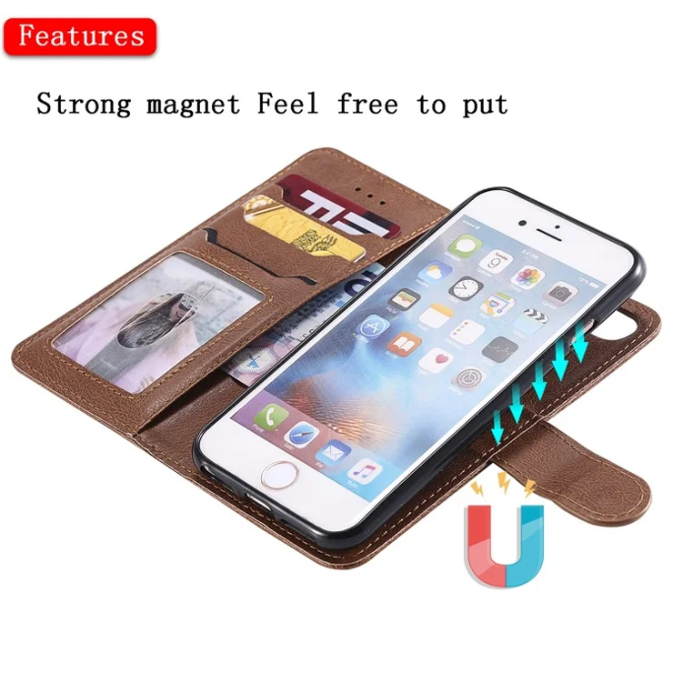 For iPhone 6s / 6 / 7 / 8 / SE (2020) / SE (2022) Case 2 in 1 Detachable Magnetic Leather Wallet Mobile Cover with Strap - Brown