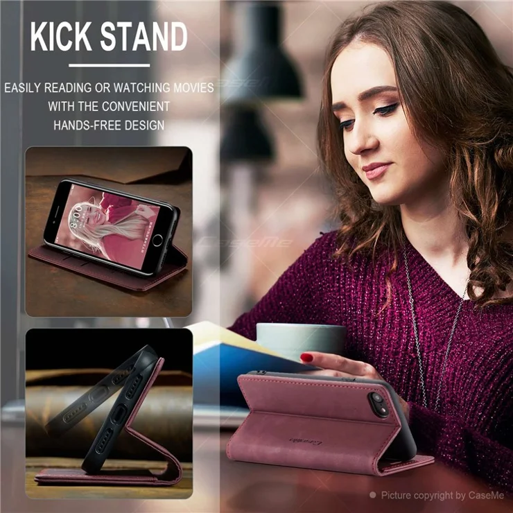 CASEME 013 Series PU Leather Mobile Phone Shell with Wallet Stand for iPhone 8/7/SE (2020)/SE (2022) 4.7 inch - Wine Red