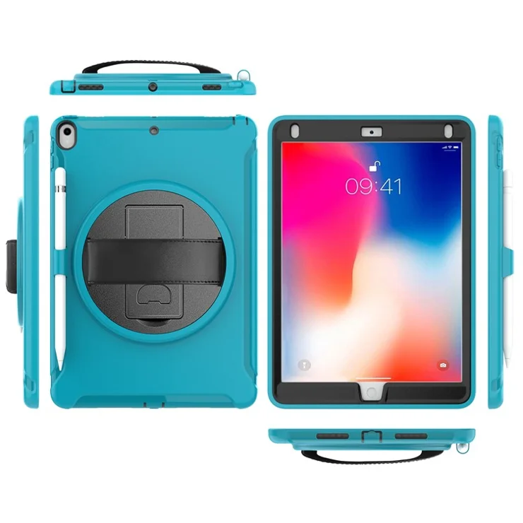 360° Swivel Kickstand PC + TPU Hybrid Tablet Case with Hand Strap for iPad Pro 10.5-inch (2017) - Cyan