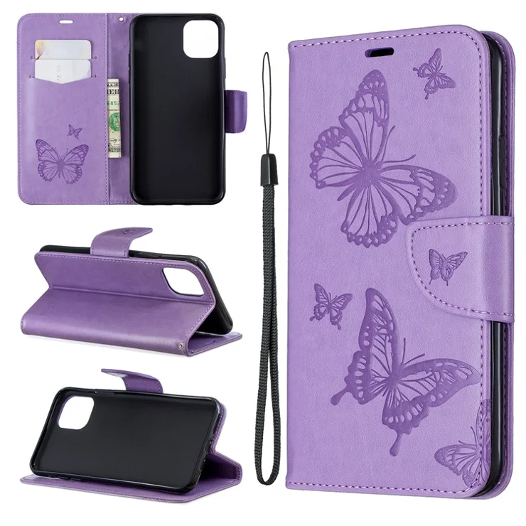 Imprint Butterfly Leather Wallet Phone Case for iPhone 11 Pro Max 6.5 inch (2019) - Purple