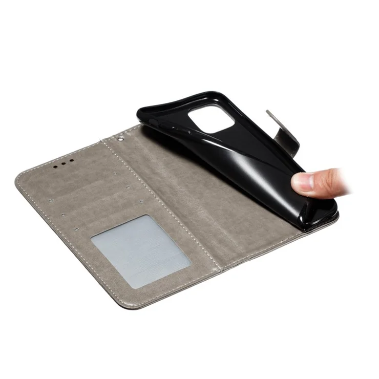 Imprinted Sun Mandala Flower Pattern Leather Wallet Shell for iPhone 11 Pro Max 6.5 inch (2019) - Grey