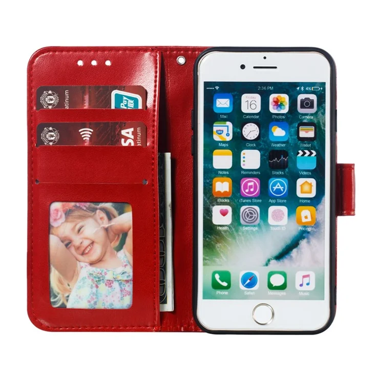 Imprint Mandala Flower Wallet Stand PU Leather Case for iPhone SE (2020)/SE (2022)/8/7 4.7 inch - Red